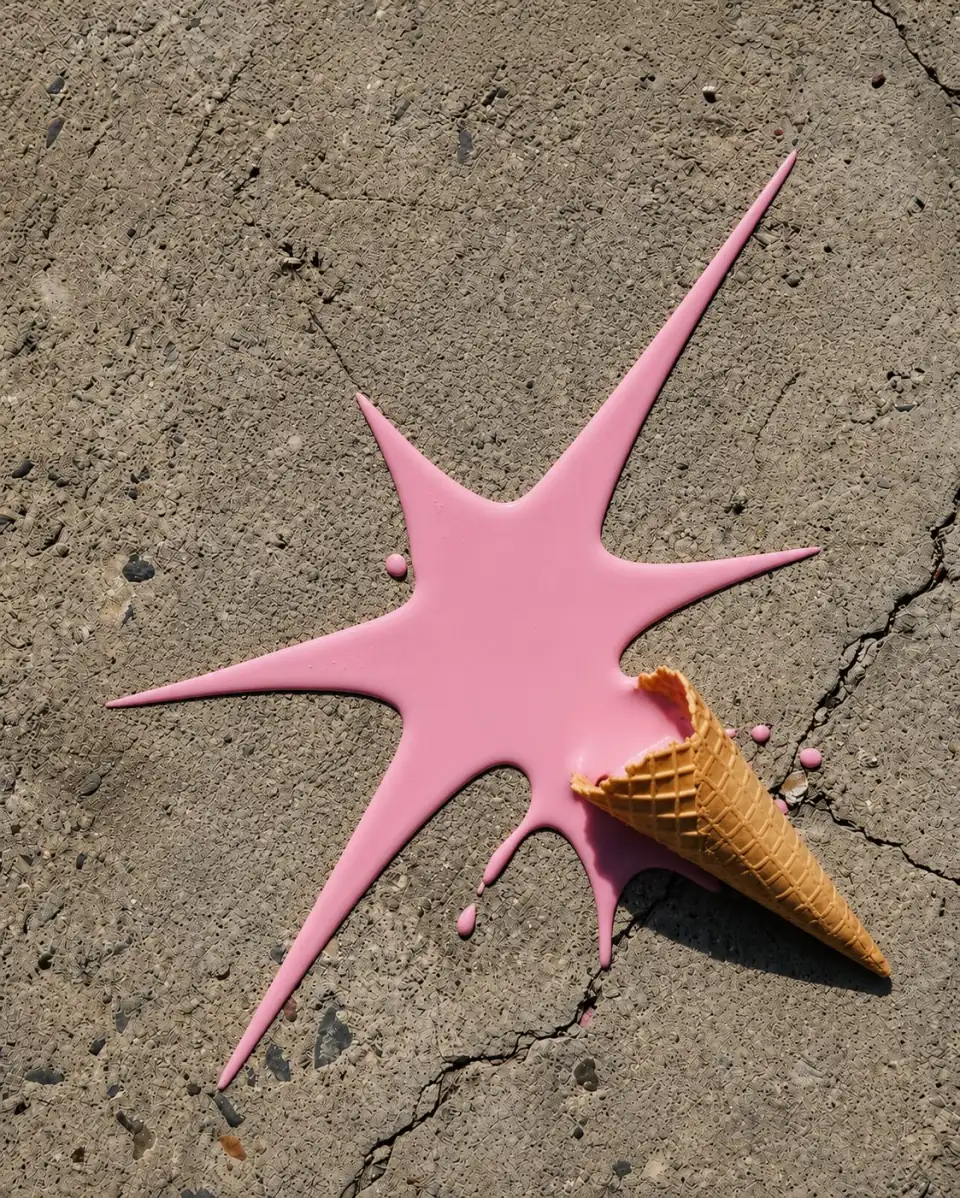 Un cono de helado caído en la acera; el helado rosa se derrite con la forma de la estrella de iter